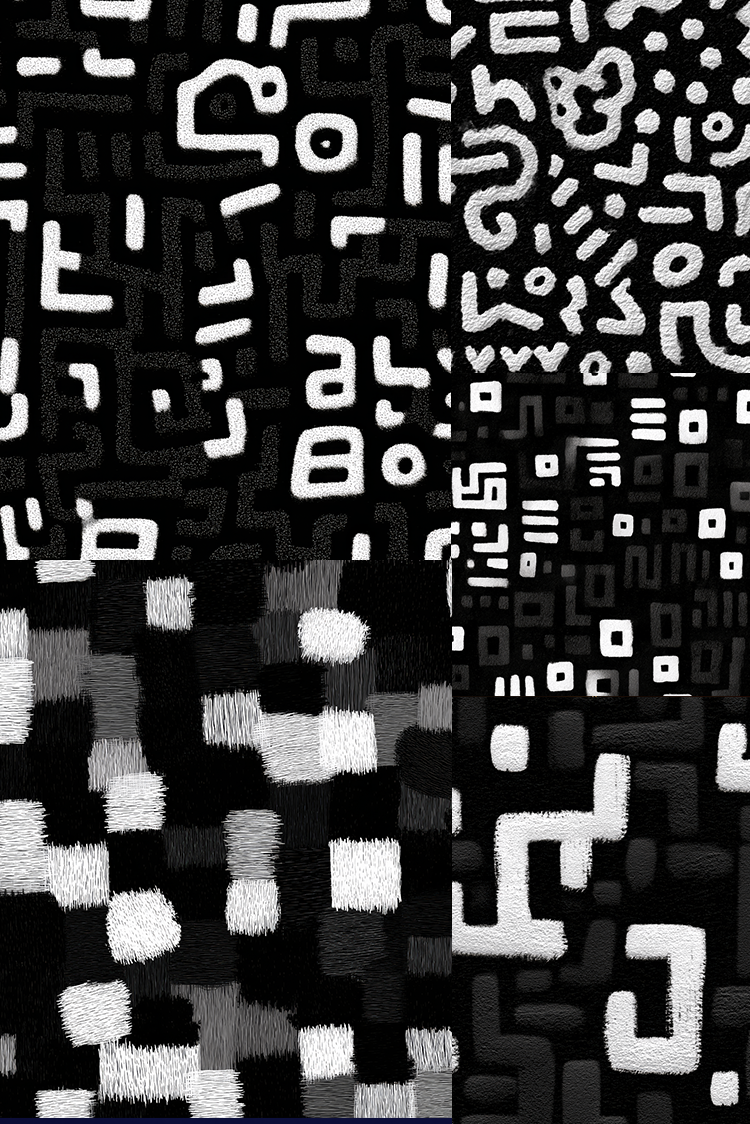 A black and white abstract patterned textile or wallpaper design featuring various geometric shapes, blocks, and maze-like lines in a textured, woven appearance.