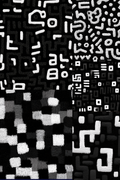 A black and white abstract patterned textile or wallpaper design featuring various geometric shapes, blocks, and maze-like lines in a textured, woven appearance.