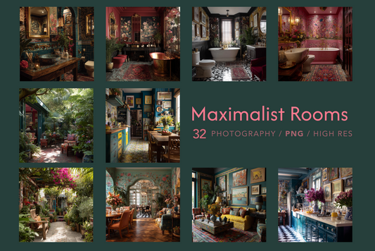 Collage of maximalist rooms with the text 'Maximalist Rooms' and '32 Photography / PNG / High Res'.
