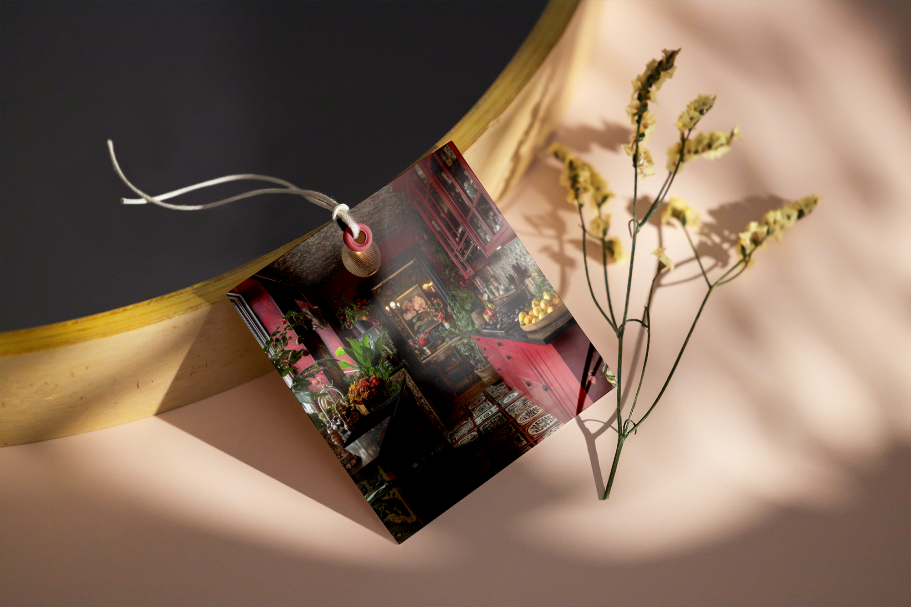 Book with a scenic cover on a textured surface with a plant