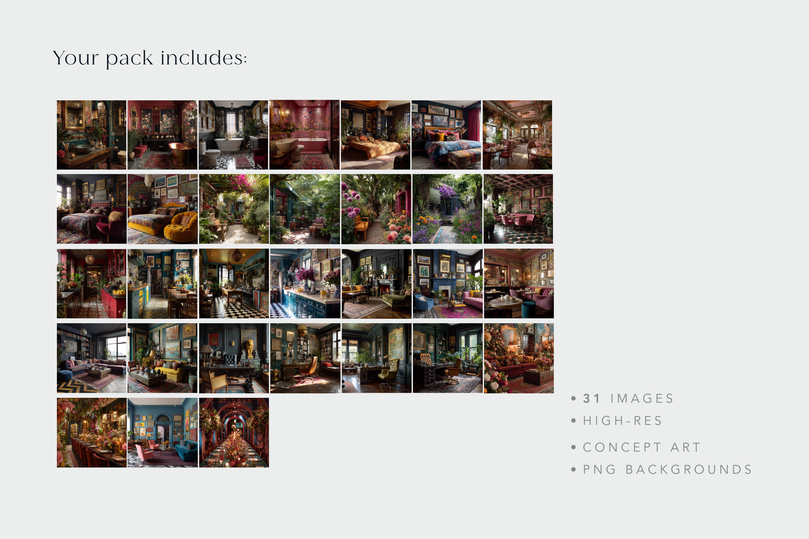 Collage of interior design images with text indicating the pack includes 31 images, high-res concept art, and no backgrounds.