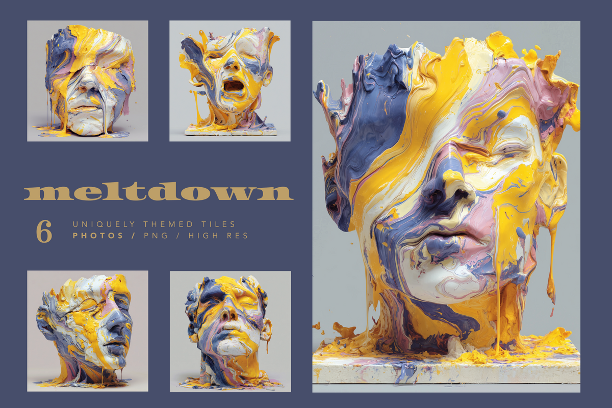 Promotional graphic for a digital asset pack titled 'meltdown', showing multiple stylized sculptural faces covered in dripping paint in yellow, blue, purple, pink, and white on a dark blue-gray background. Text reads '6 UNIQUELY THEMED TILES PHOTOS / PNG / HIGH RES'.