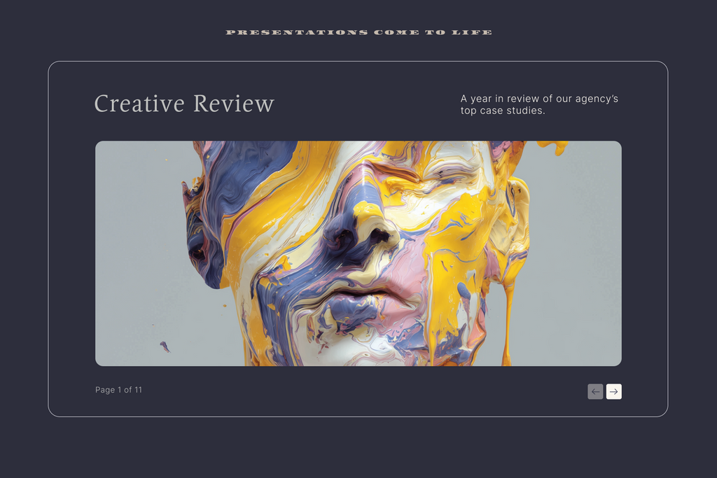 A digital mockup of a presentation template titled 'Creative Review' with a central abstract artwork of a face covered in dripping yellow, blue, and white paint on a dark slate background.