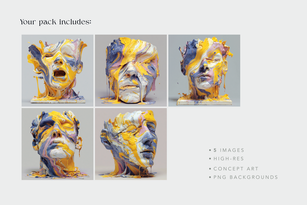 A promotional graphic for a digital art pack showing six abstract sculptural head portraits painted with yellow, blue, purple, and gray paint on a light gray background. Text reads 'Your pack includes:' and lists '5 images', 'high-res', 'concept art', and 'PNG backgrounds'.