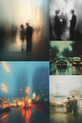 Collage of six blurred images featuring people and urban scenes.