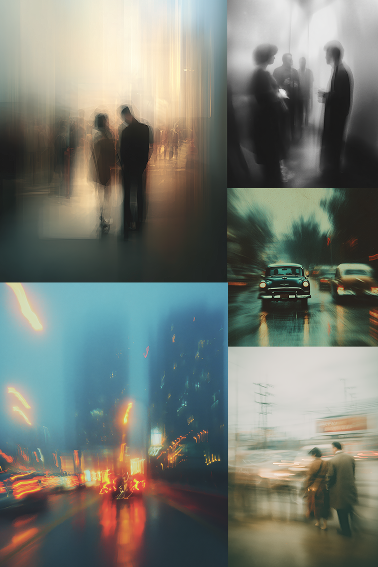 Collage of six blurred images featuring people and urban scenes.