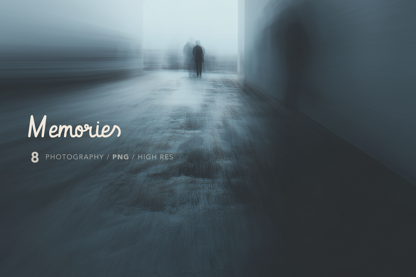 Mysterious scene with a person walking away in a foggy, narrow alleyway with the word 'Memories' overlayed.