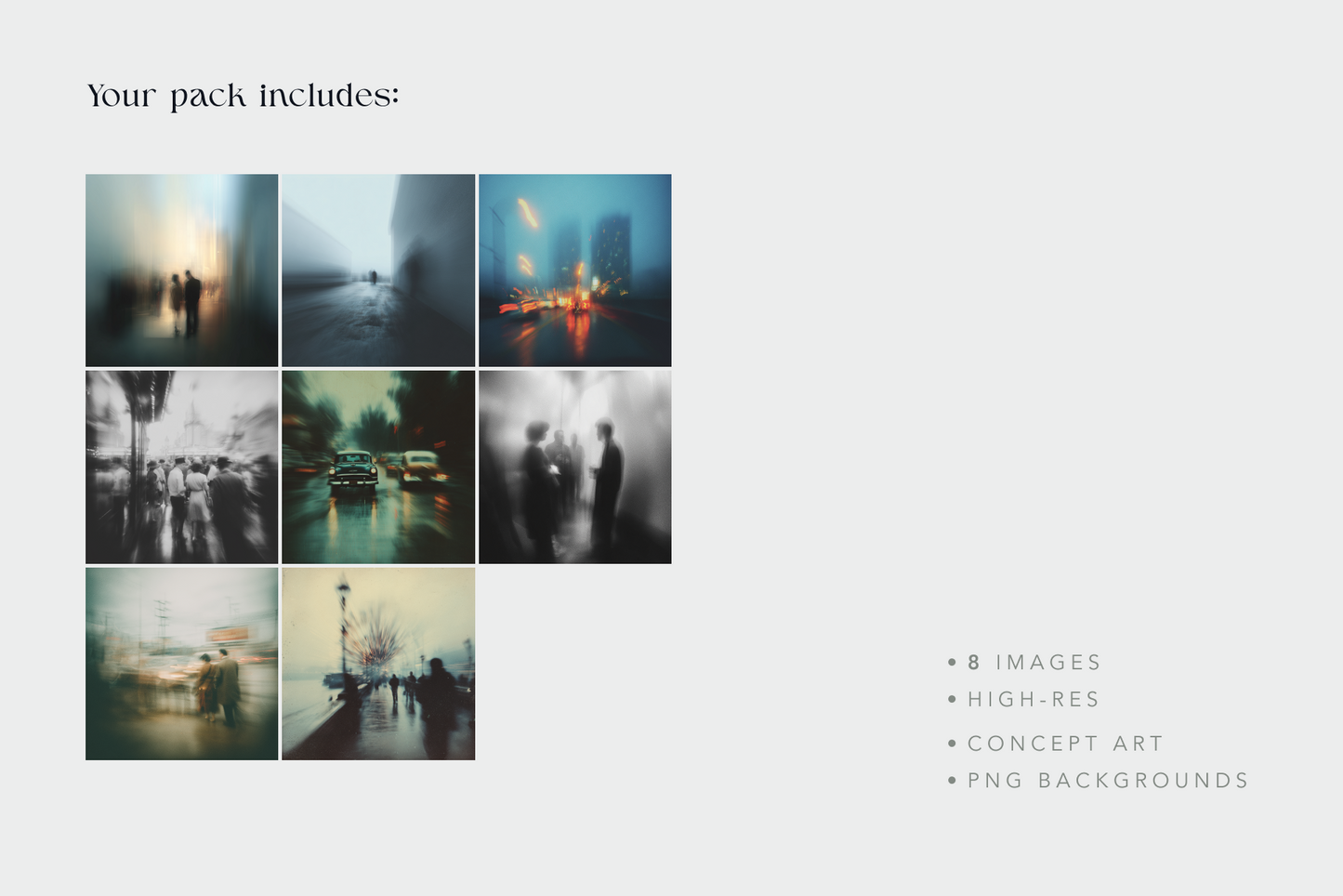 Promotional image of a pack containing 8 high-res images with a white background.