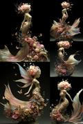 A collage of five views showing a decorative mermaid figurine with a floral crown and flowing pastel tail, set against a black background.