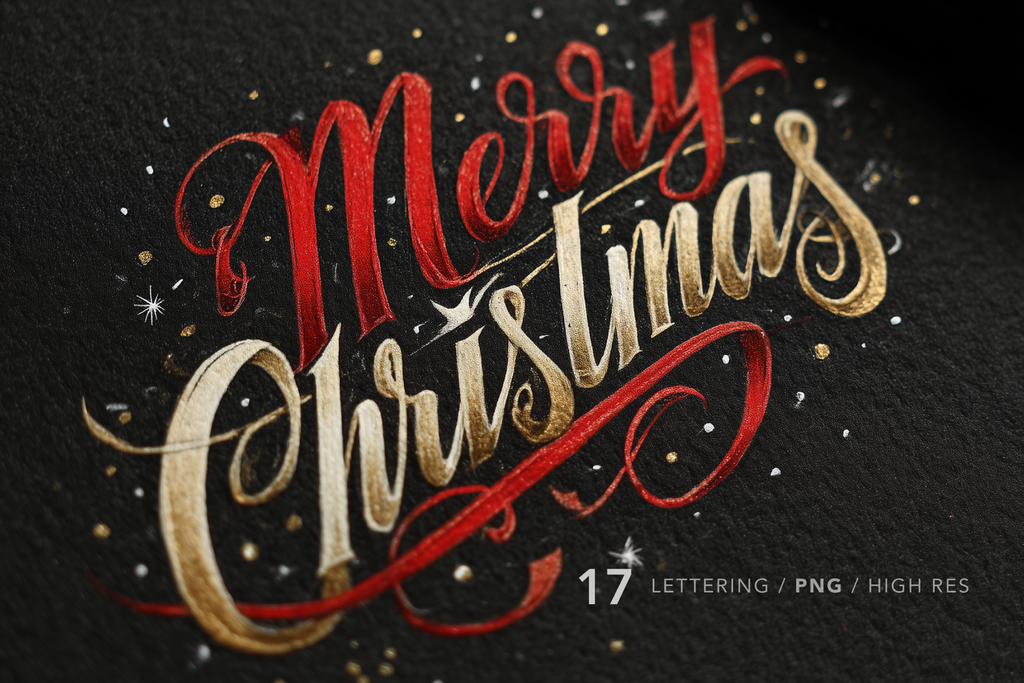 Decorative text 'Merry Christmas' in red and gold on a black background with sparkling effects.