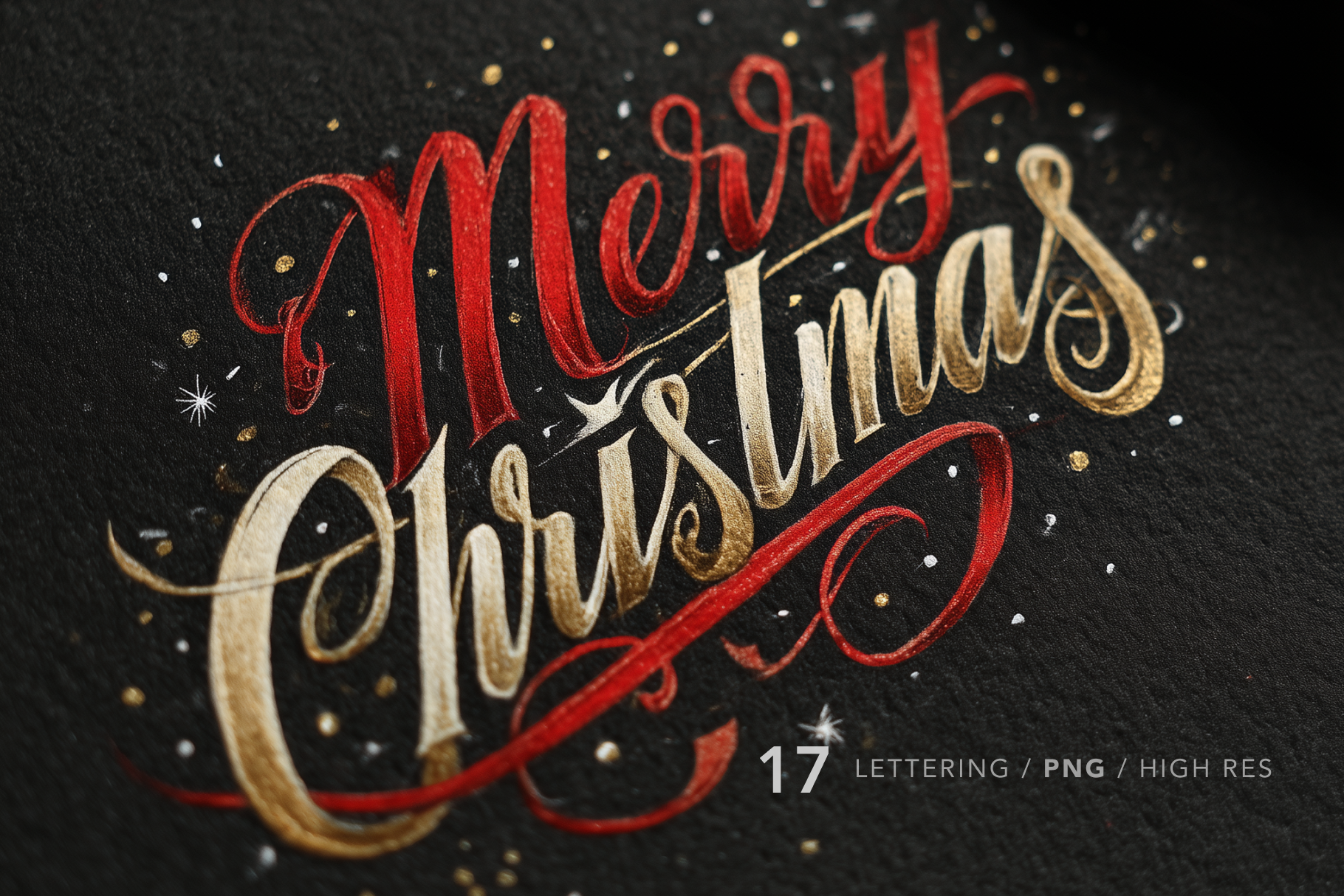 Decorative text 'Merry Christmas' in red and gold on a black background with sparkling effects.