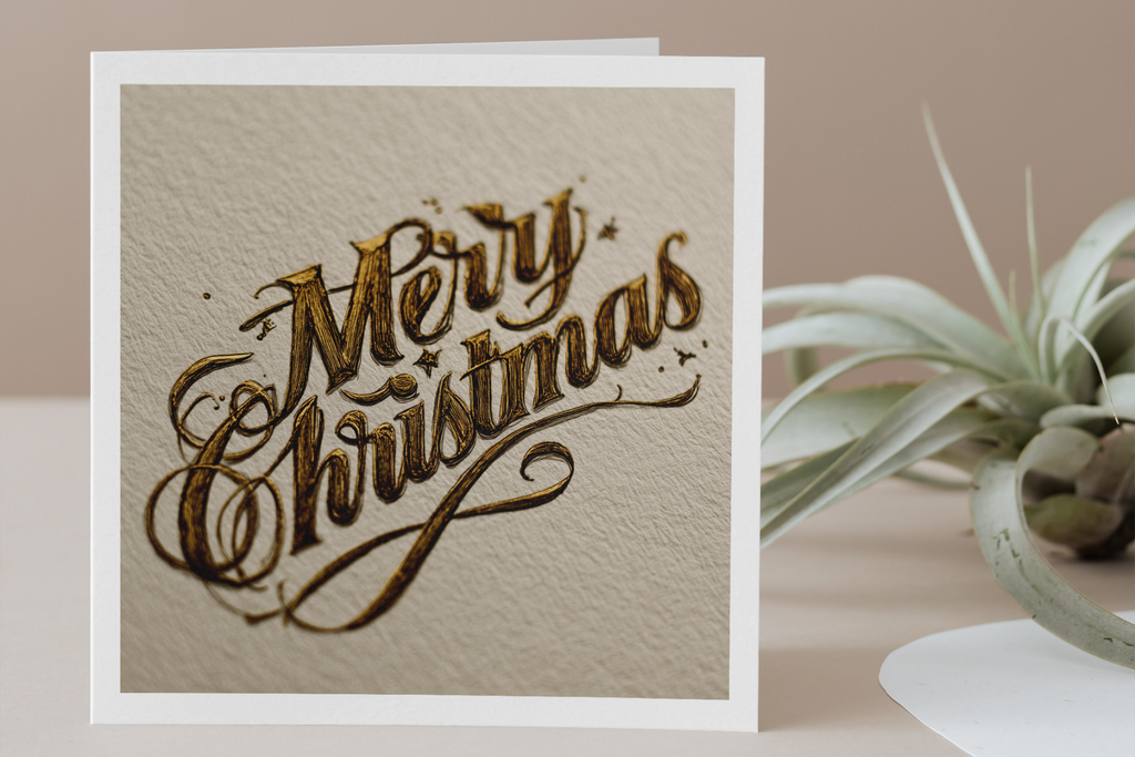 Merry Christmas card with gold text on a beige background, placed on a surface with a plant in the corner.