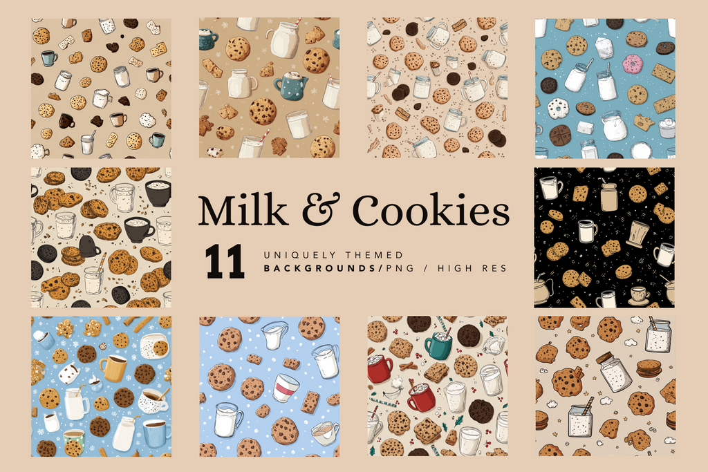 A collage of 12 milk and cookies themed background patterns arranged in a grid around central text reading 'Milk & Cookies' and '11 Uniquely Themed Backgrounds/PNG / High Res'. The designs feature cookies, milk bottles, mugs, coffee cups, and cream-colored desserts on beige, light blue, black, and white backgrounds.