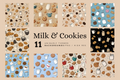 A collage of 12 milk and cookies themed background patterns arranged in a grid around central text reading 'Milk & Cookies' and '11 Uniquely Themed Backgrounds/PNG / High Res'. The designs feature cookies, milk bottles, mugs, coffee cups, and cream-colored desserts on beige, light blue, black, and white backgrounds.