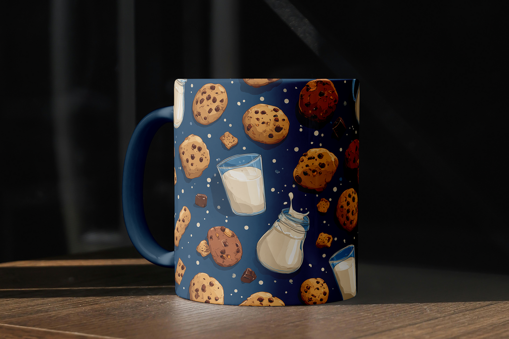 A ceramic mug with a dark blue handle and body, decorated with a repeating pattern of chocolate chip cookies, milk glasses, and a milk bottle on a dark blue background. The mug is placed on a wooden surface against a dark, moody background.