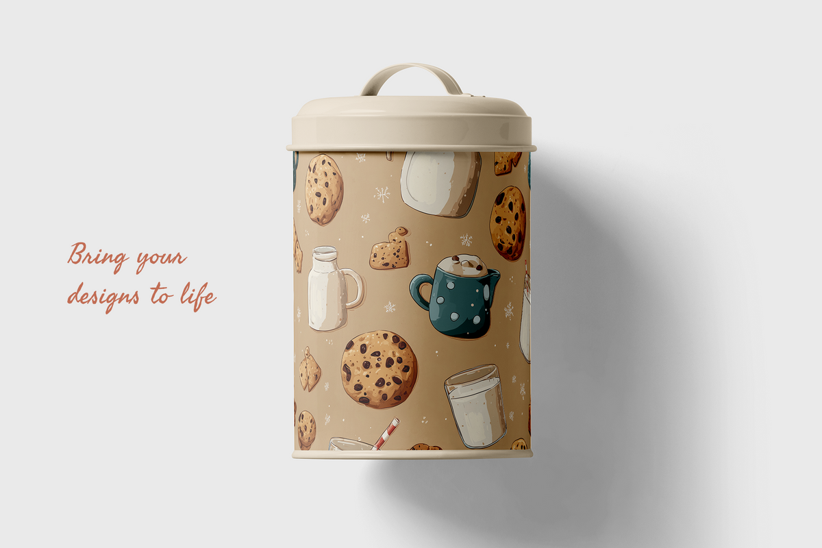 A cylindrical metal canister with a lid and carry handle, featuring a warm beige background with a pattern of illustrated cookies, a mug, and milk glasses. The canister is shown against a light gray background with decorative text on the left.