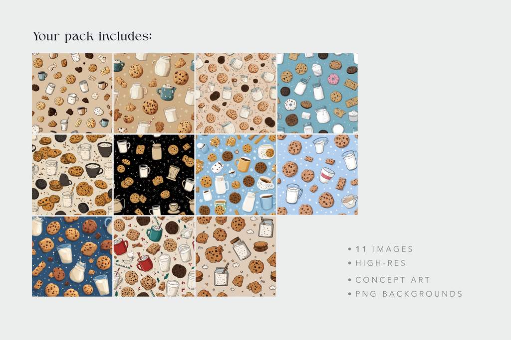 A digital preview sheet showing a set of 11 repeating cookie and coffee-themed pattern backgrounds, arranged in a 3x4 grid on a light gray background. Text at the top reads 'Your pack includes:' and text at the bottom right lists '11 IMAGES', 'HIGH-RES', 'CONCEPT ART', and 'PNG BACKGROUNDS'.