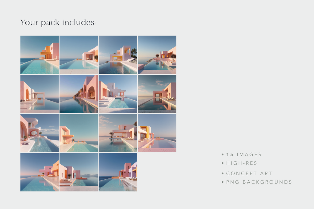 Collage of architectural concept art with pool and building design, on a light gray background.