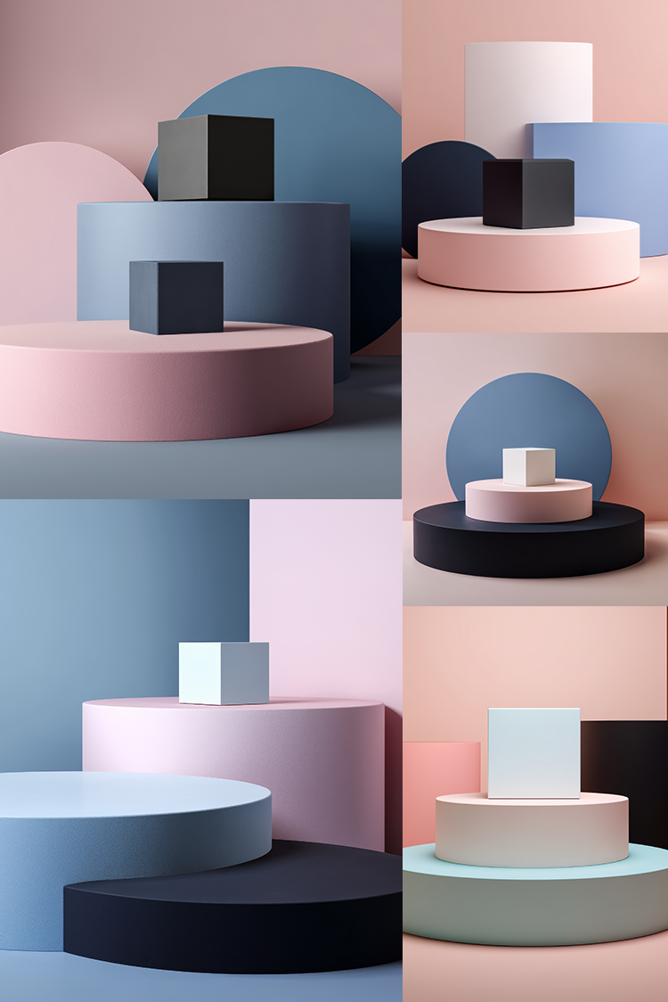 A collage of six minimalist geometric display setups with pastel pink, blue, lavender, black, and white cylindrical pedestals and cube blocks against soft pink, blue, and gray studio backdrops.