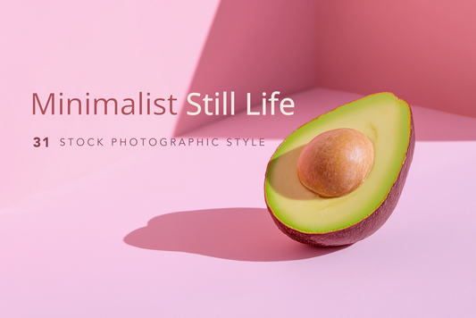 Half-cut avocado on a pink background with 'Minimalist Still Life' text.