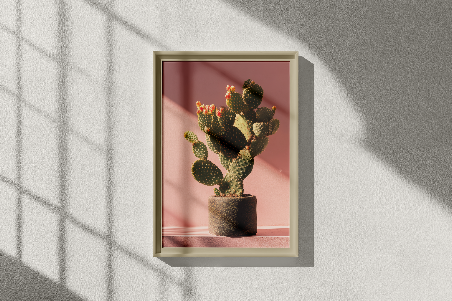 Framed picture of a cactus plant on a pink background