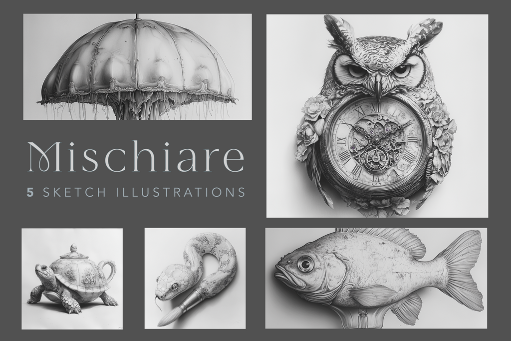 A collection of five surreal illustration stock images featuring an umbrella with a face, an owl with a clock, a fish, a rabbit with a camera, and a cat with a microscope.
