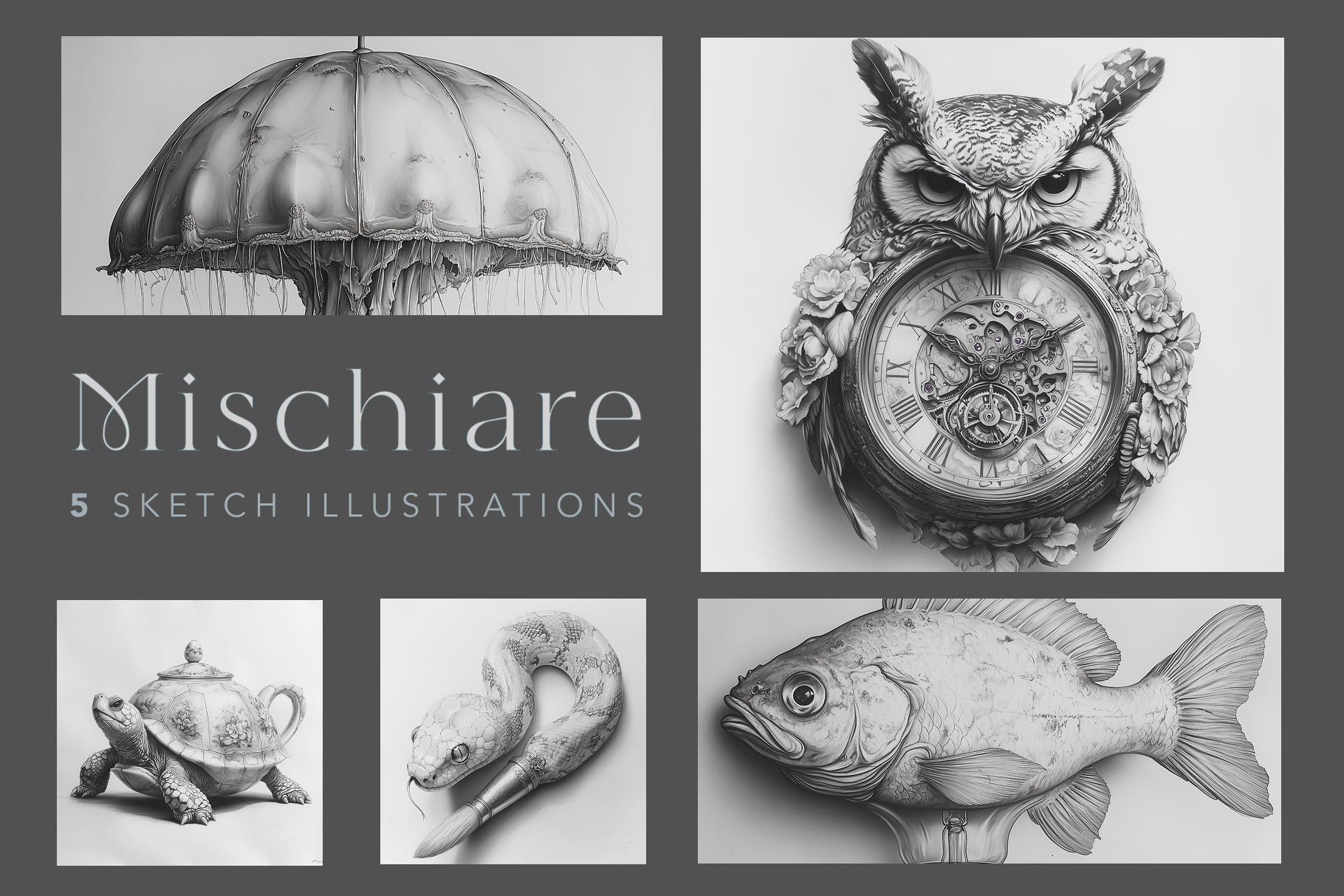 A collection of five surreal illustration stock images featuring an umbrella with a face, an owl with a clock, a fish, a rabbit with a camera, and a cat with a microscope.