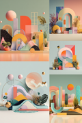 A collage of four pastel-colored 3D geometric scene designs with arches, spheres, plants, and abstract landscape forms on a mint and peach background.