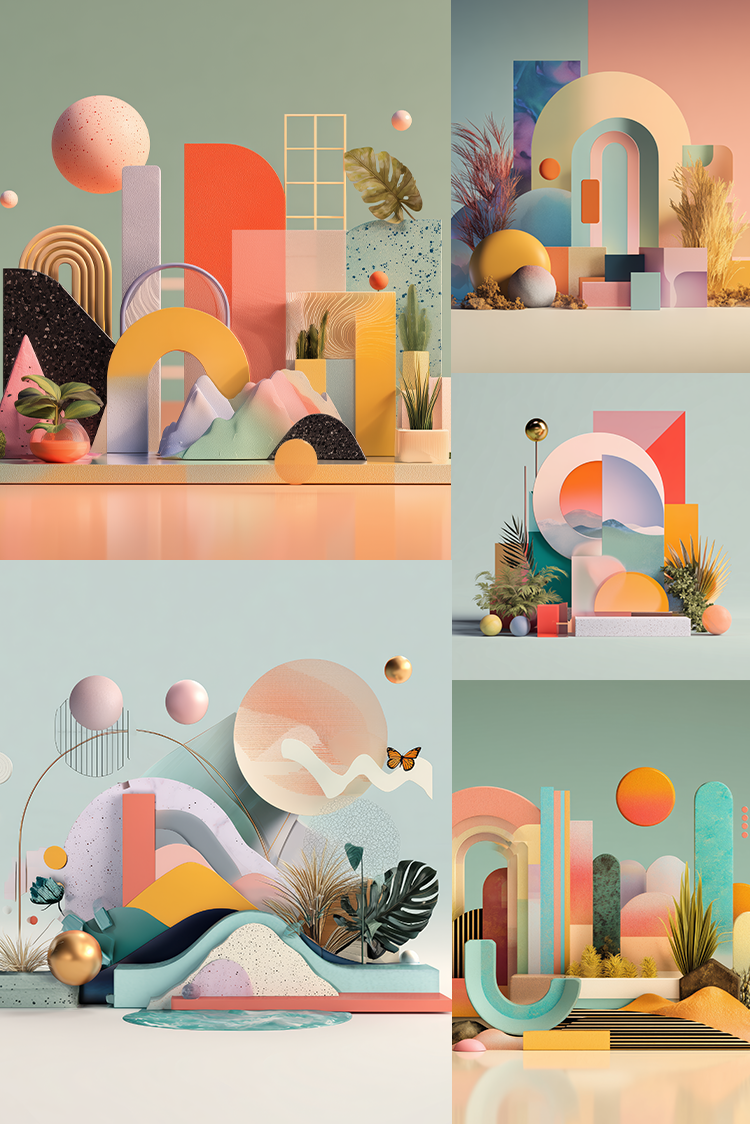 A collage of four pastel-colored 3D geometric scene designs with arches, spheres, plants, and abstract landscape forms on a mint and peach background.