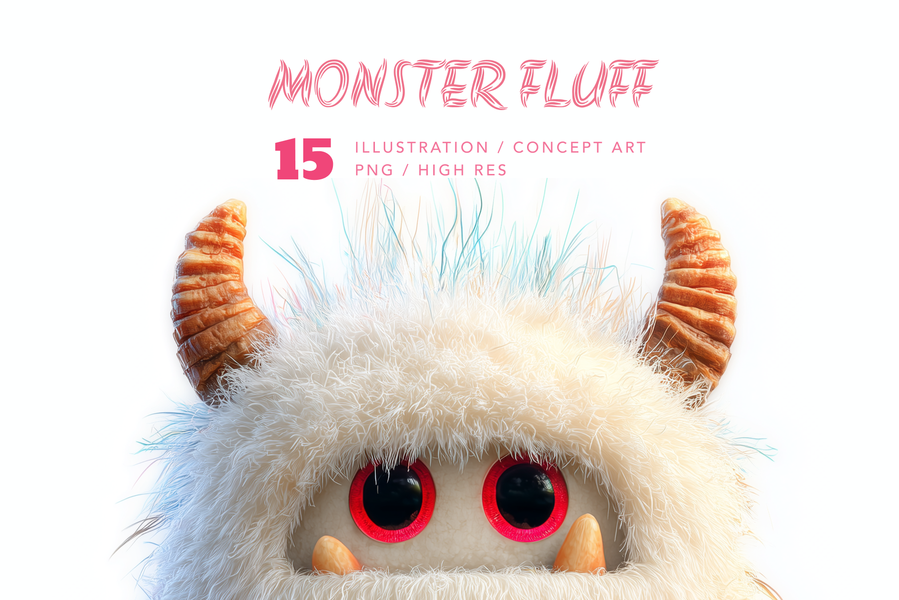 Plush monster toy with horns and red eyes on a white background, labeled 'Monster Fluff'.