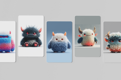 Set of colorful plush monsters on a gray background