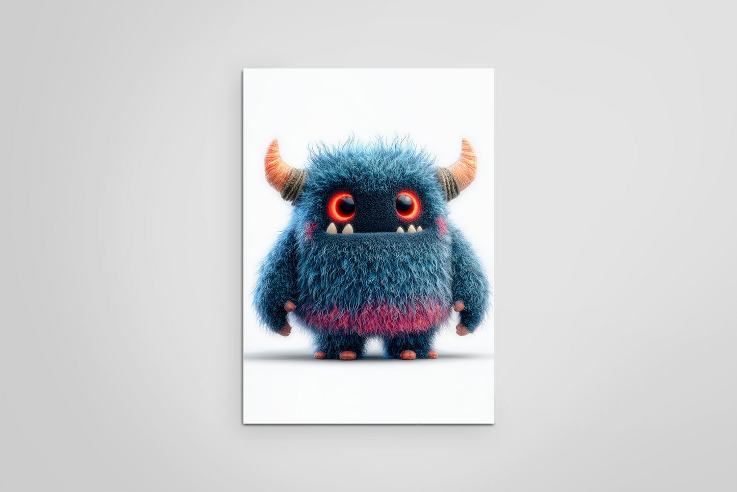 Plush toy monster with blue fur, red eyes, and orange horns on a white background