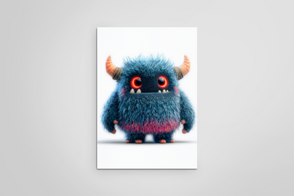 Plush toy monster with blue fur, red eyes, and orange horns on a white background