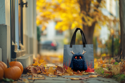 Tote bag with a Halloween design featuring a monster in front of a house with autumn leaves.