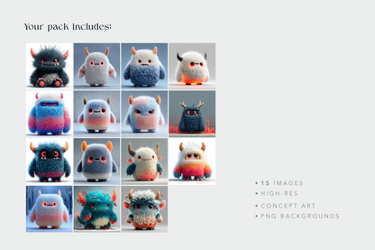 Grid of colorful monster illustrations with text indicating pack contents.