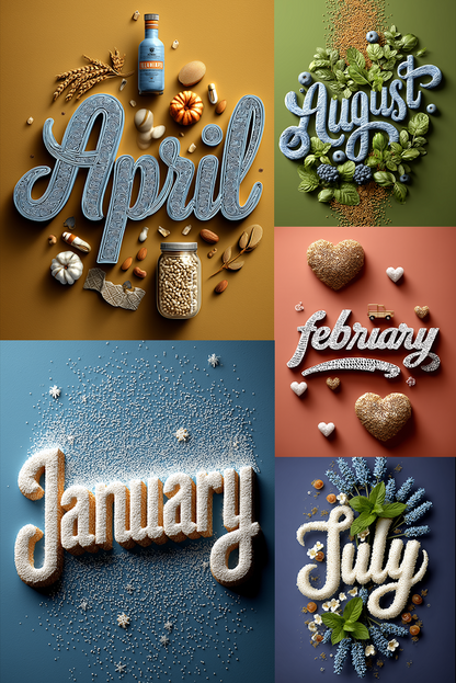Four seasonal-themed images with text 'April', 'August', 'February', and 'July' on a grid.