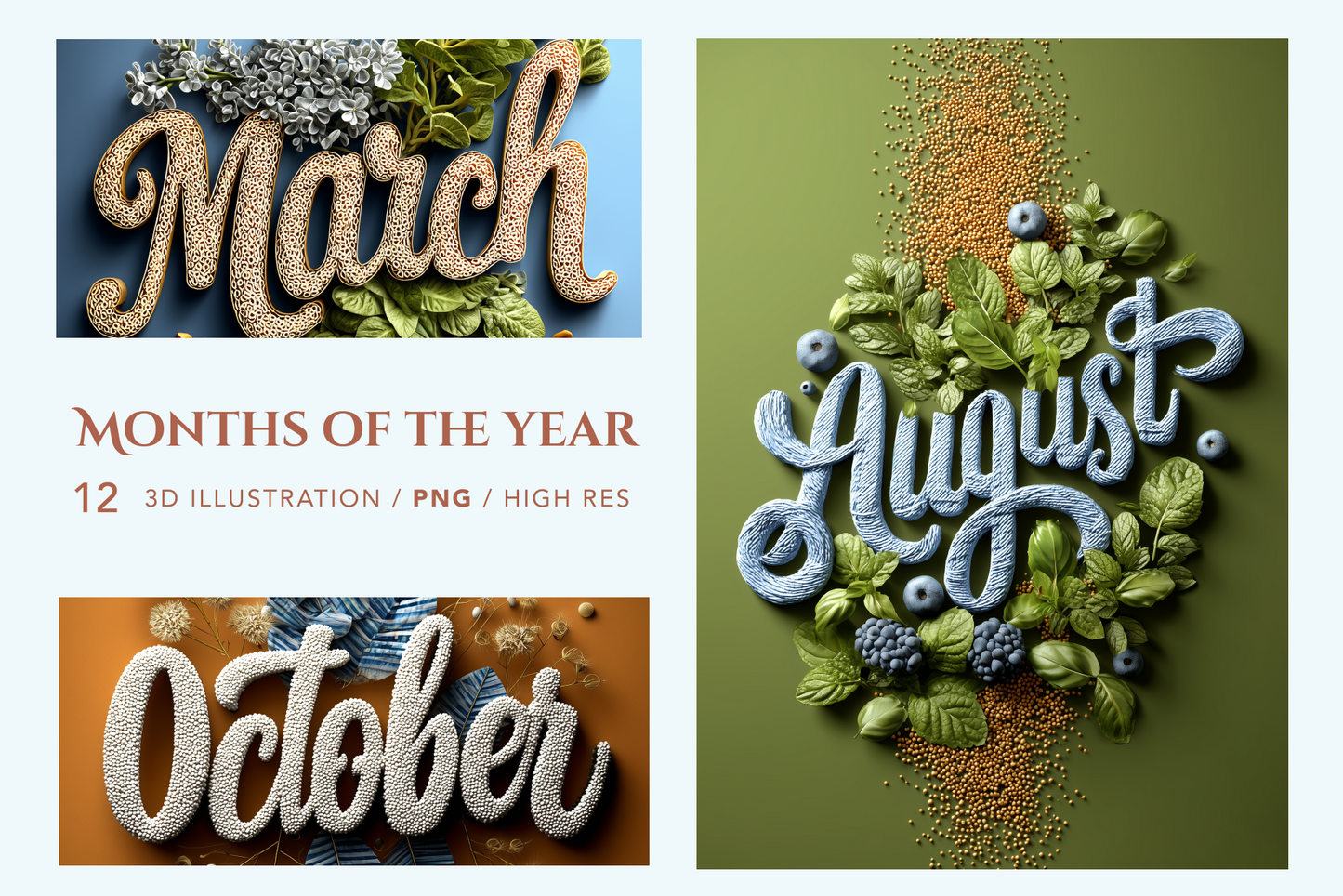 Three illustrations of months of the year with textured text and corresponding season elements.