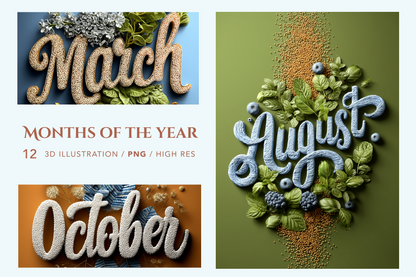 Three illustrations of months of the year with textured text and corresponding season elements.