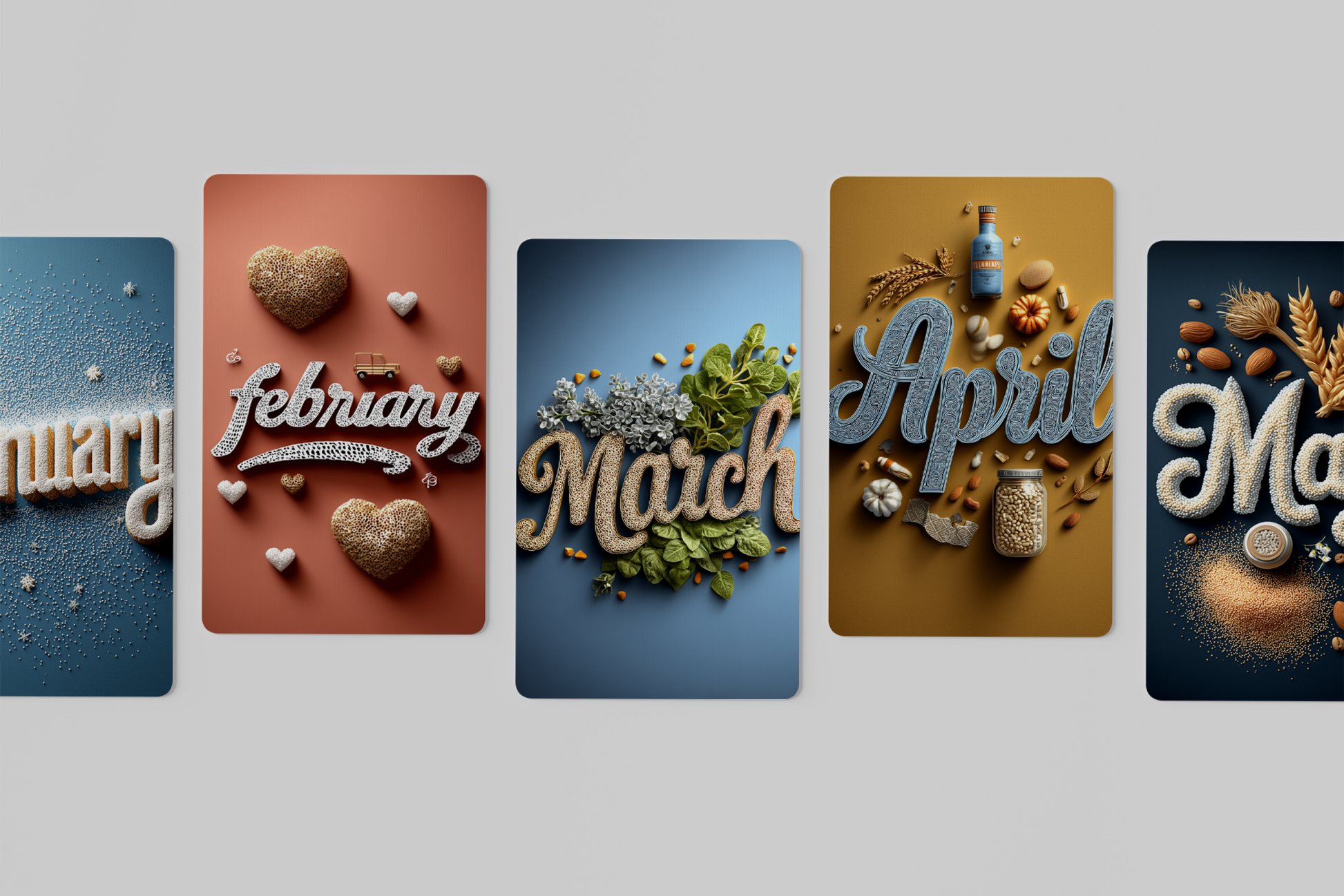 Five colorful cards with months of the year and decorative elements on a light gray background