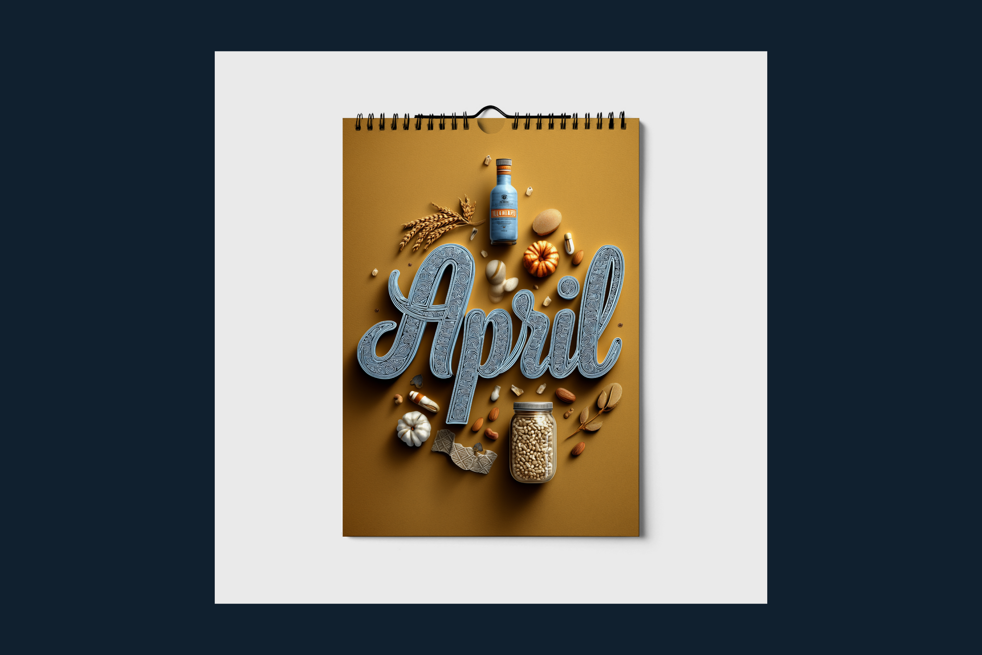 Calendar with 'April' text and decorative items on a white background