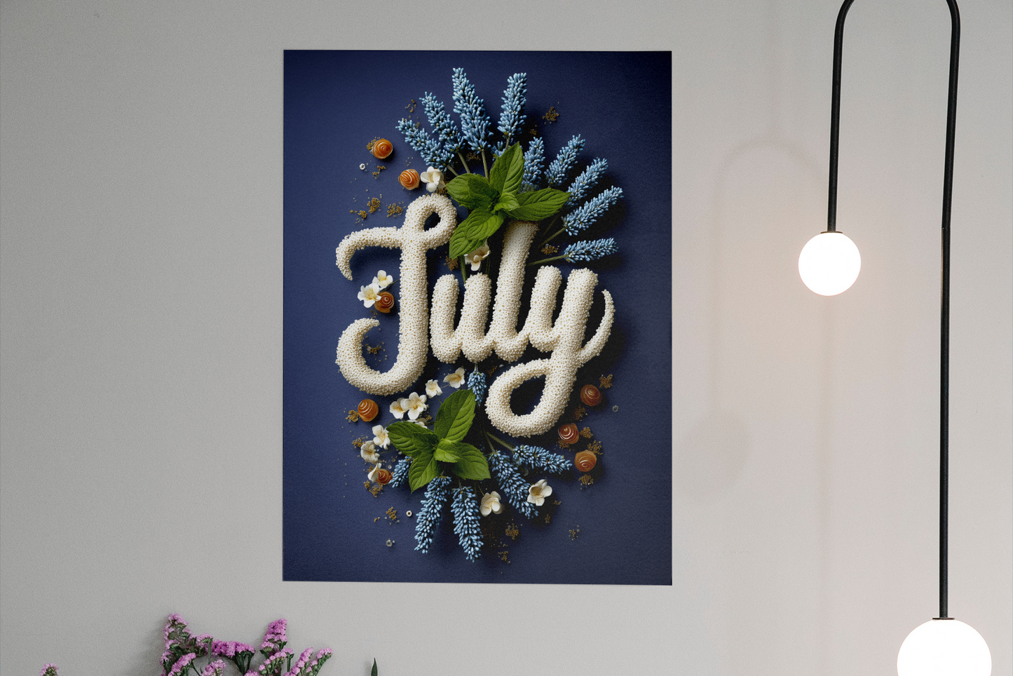 Decorative wall art with 'July' text surrounded by flowers on a blue background