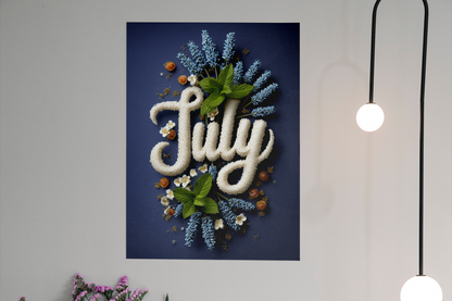 Decorative wall art with 'July' text surrounded by flowers on a blue background