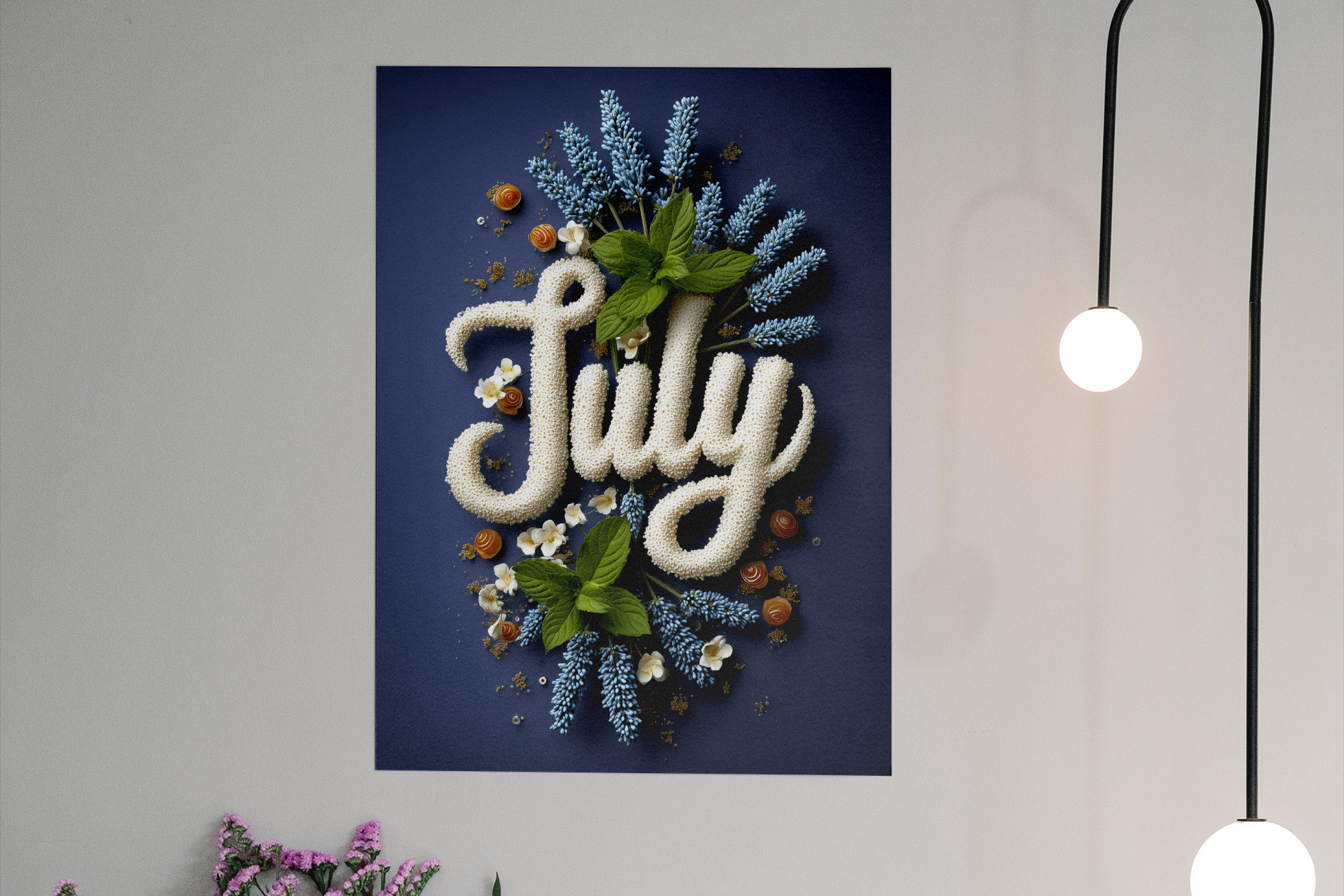 Decorative wall art with 'July' text surrounded by flowers on a blue background