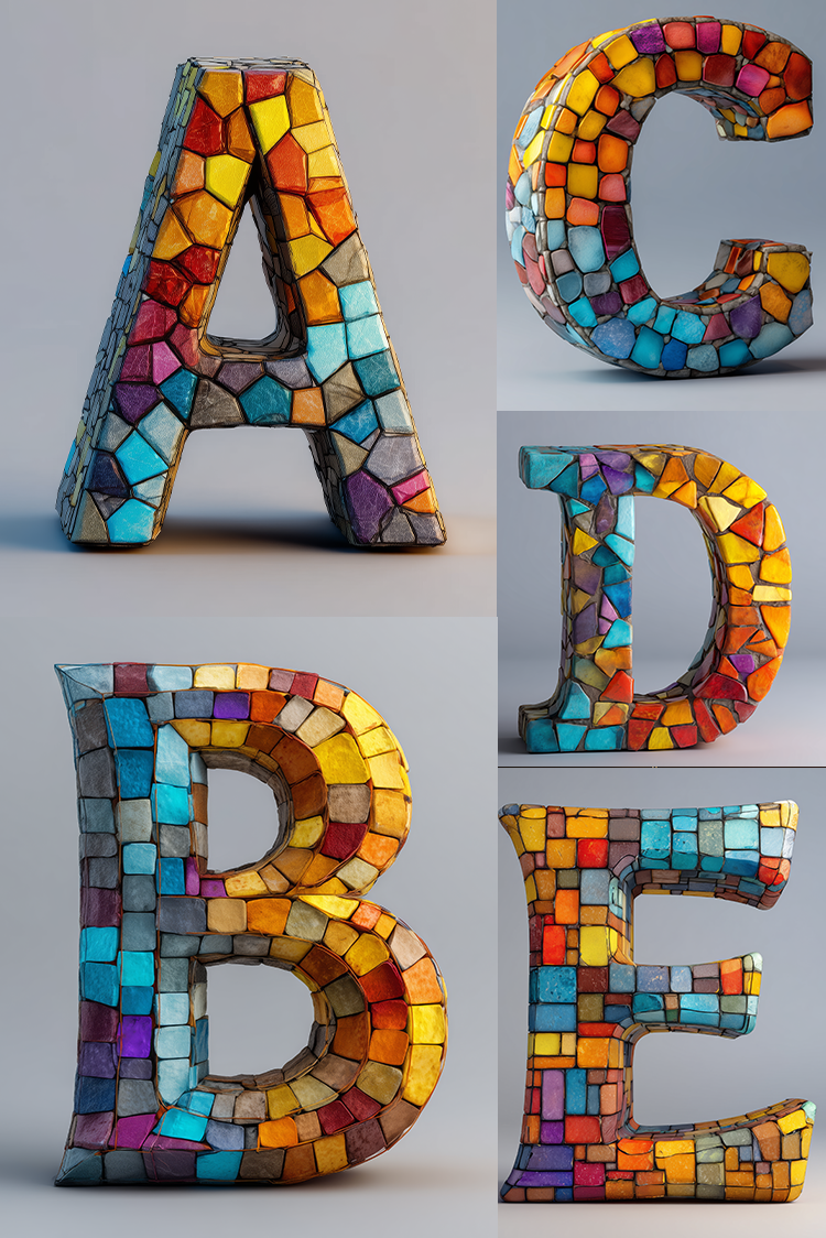 Five large decorative letters A through E, each covered in a colorful mosaic tile pattern, shown on a light gray background.