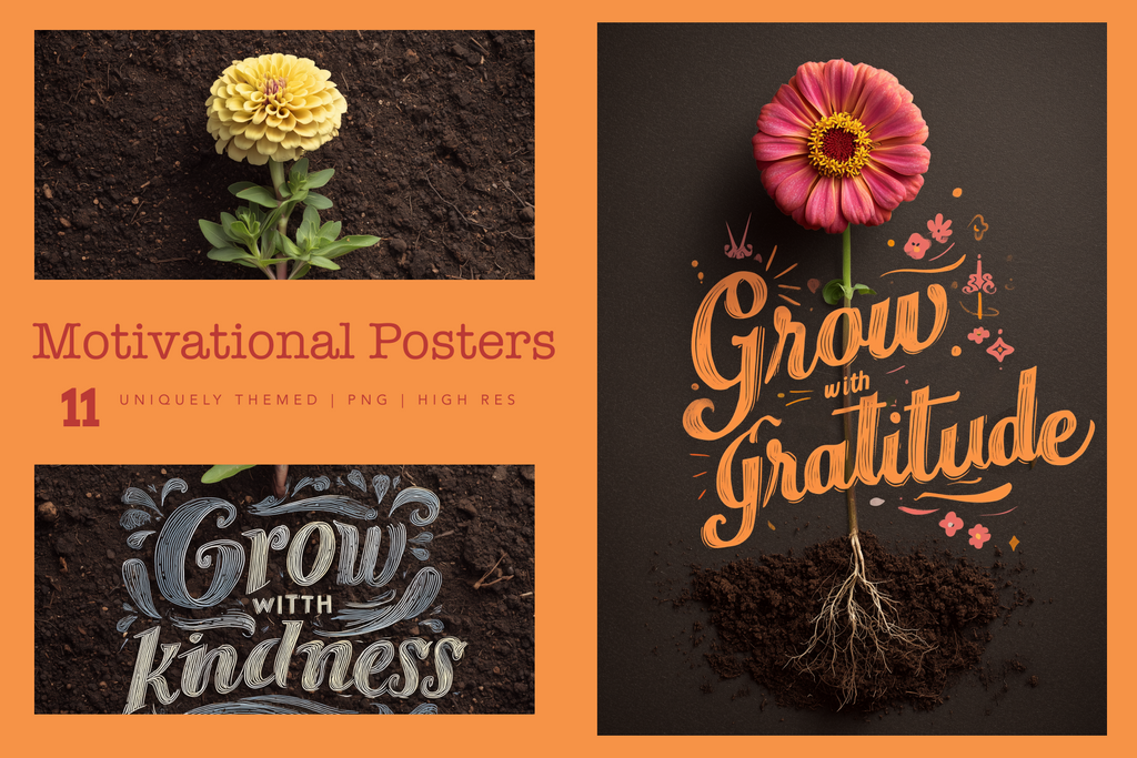 Motivational posters with flowers and text on a dark background
