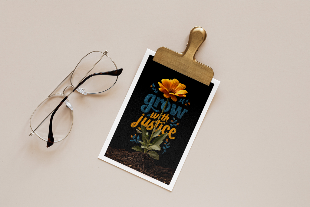 Clipboard with a motivational poster featuring a flower and text 'grow with justice' on a beige background, accompanied by eyeglasses.