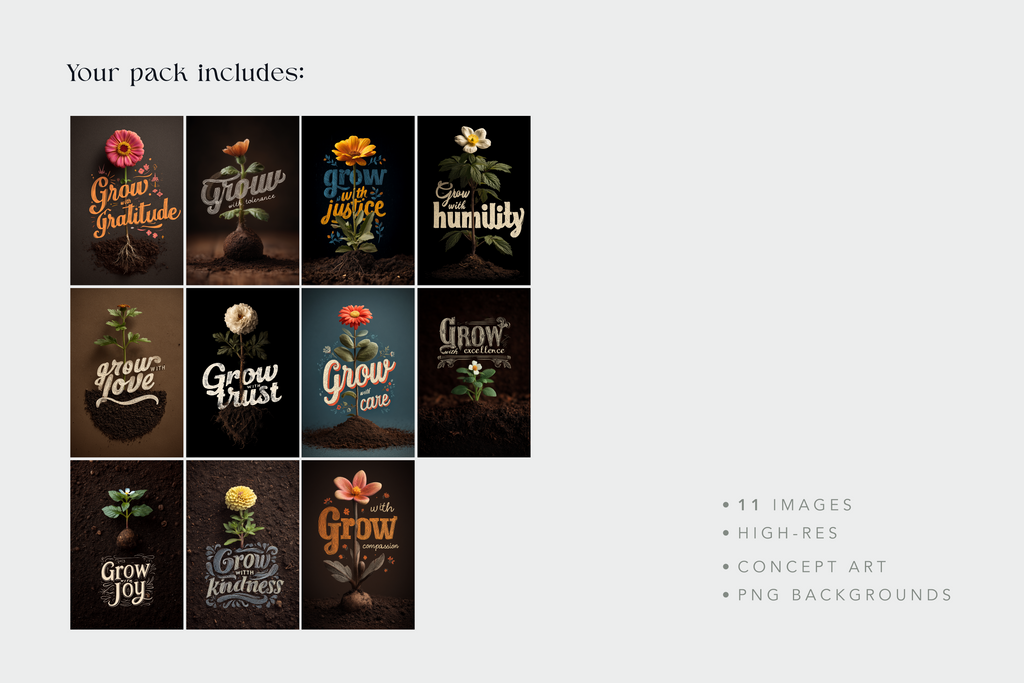 Collection of motivational posters with plants and text on a dark background