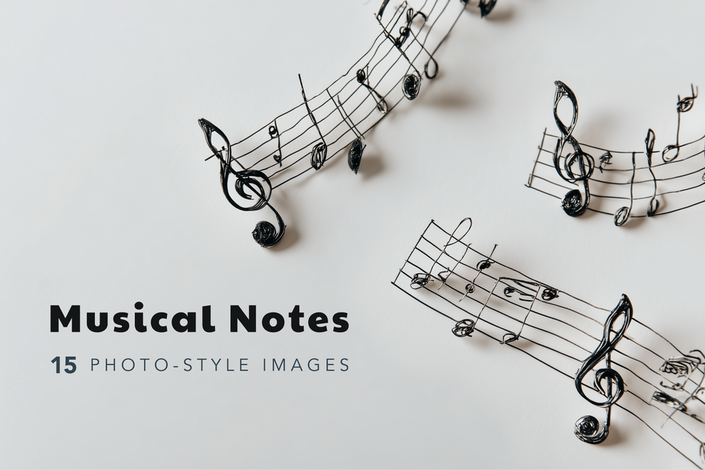 Decorative metal musical notes on a light background with text 'Musical Notes' and '15 Photo-Style Images'.