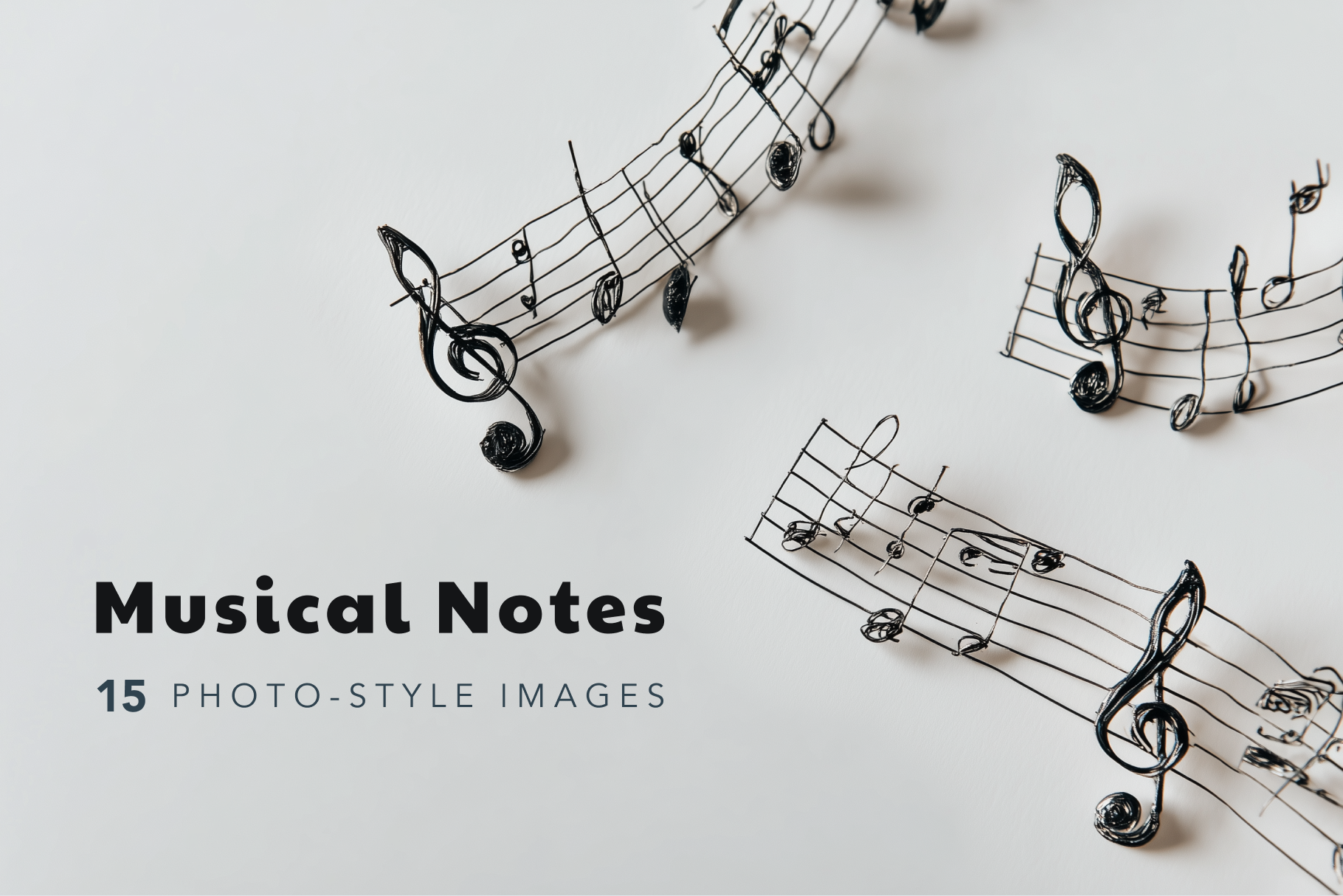 Decorative metal musical notes on a light background with text 'Musical Notes' and '15 Photo-Style Images'.