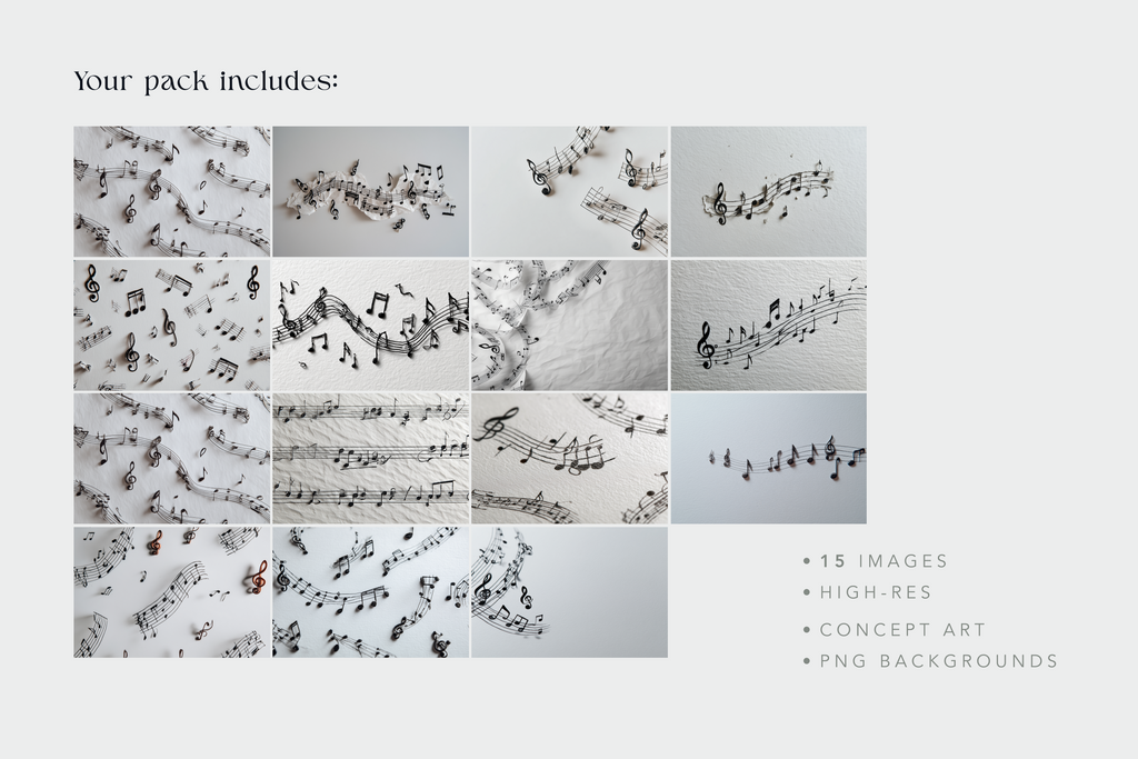 Collage of music notes on a textured background with text indicating included images and features.